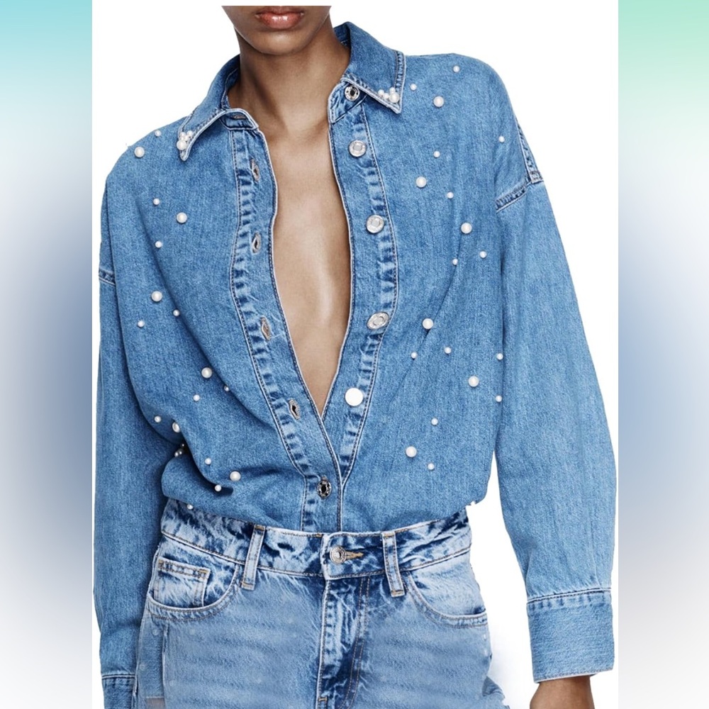 Button Down Denim Shirt Pearl Beading